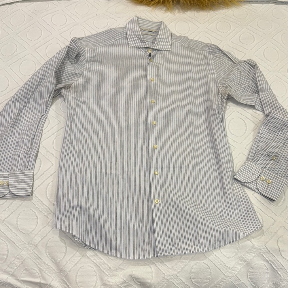 Suitsupply Blue and White Dress Shirt Cotton Linen Slim Fit